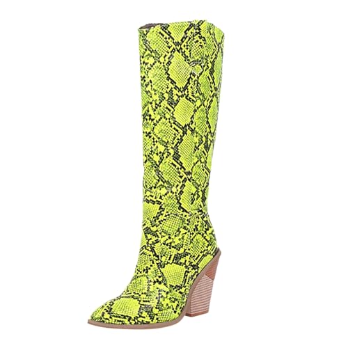 Kniehohe Stiefel Damen, Mode Zip Cowboystiefel mit Spitze Zehenpartie und absatz Schlangenlederoptik Lederstiefel Overknees Leder Westernstiefel Schlupfstiefel Winter Bequem Warm Weitschaftstiefel von lozssnigzi