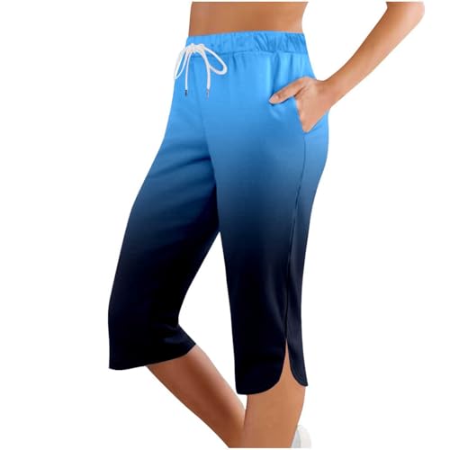 Kurze Hose Damen Knielang, Sommer Caprihose Stretch 3/4 Yogahose Weites Bein Dreiviertel Freizeithose mit Kordelzug und Taschen Trainingshose Baumwolle Laufhose mit Gummizug Sporthose Jogginghose von lozssnigzi
