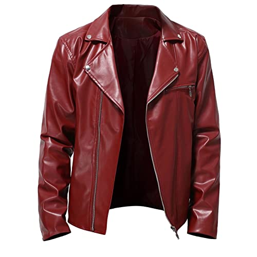 Motorrad Lederjacke Herren Pilotenjacke Echtleder Jacke Wasserdicht Mode Bikerjacke mit Kragen Slim Fit Fliegerjacke Vintage winterjacke Leather Jacket Rot Winddicht Kunstlederjacke Leder Jacken von lozssnigzi