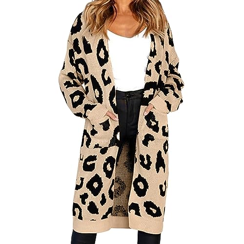 Strickjacke Damen, Lang Elegant Leo Print Longstrickjacke Oversize Strickjacken Leopardenmuster Mit Taschen Strickmantel Lange Cardigan Dünne Strickjacke von lozssnigzi