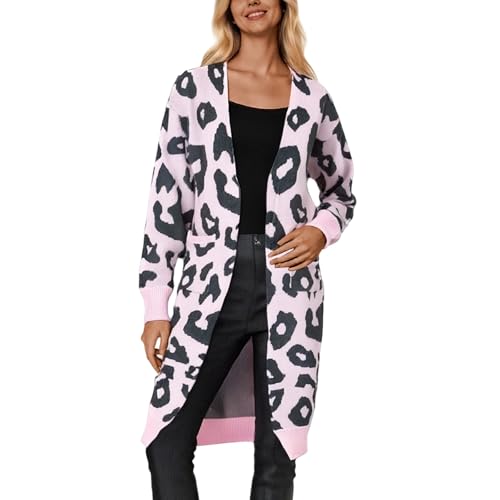 Strickjacken Für Damen, Lang Elegant Leo Print Longstrickjacke Oversize Strickjacken Leopardenmuster Mit Taschen Strickmantel Lange Cardigan Dünne Strickjacke von lozssnigzi