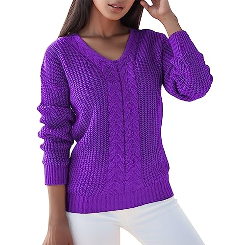 Strickpullover Damen Casual Weich Oberteile V-Ausschnitt Langarm Pullover Herbst Und Winter Sweateshirt Solide Farben Stricktop Mode Leichter Pulli Bequem Strickpullover von lozssnigzi