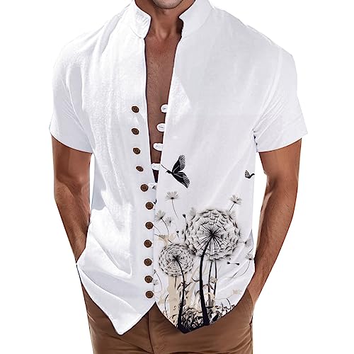 Trachtenhemd Herren Kurzarm, Baumwolle Kurzarm Druck Mittelalter Kleidung V-Ausschnitt Stehkragen Knopfleiste Sommer Freizeithemd Leinenhemd Vikings Renaissance Piraten Hemd Mittelalter Hemd von lozssnigzi