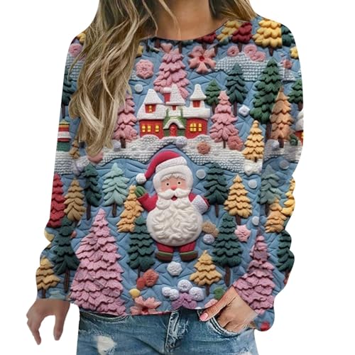 Ugly-Sweater,Weihnachtspullover Damen,Lustig 3D Drucken Weihnachten Sweatshirt,Langarm Rundhals Niedlich Pullover mit Weihnachtsmuster, Weihnachtspulli Damen,Xmas Hässliches Jumper Christmas Sweater von lozssnigzi