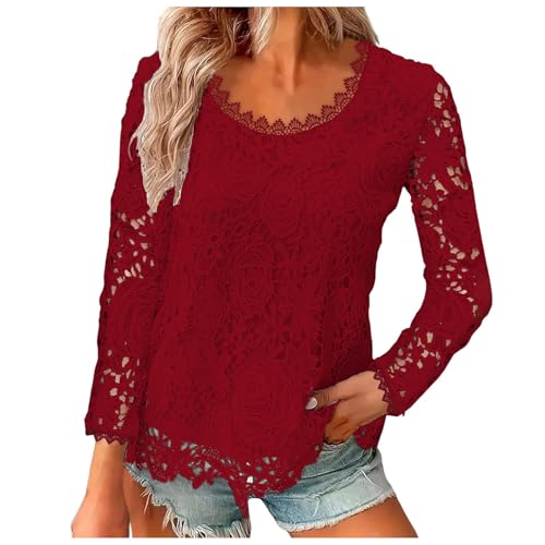 lozssnigzi Bluse Damen Elegant Party Outfit Elegante Spitzenbluse Langarm Sexy Langarmshirt Spitzen Transparentes Bluse Herbst Oberteile Blusen Mode Schickes Pullover Trachtenbluse von lozssnigzi
