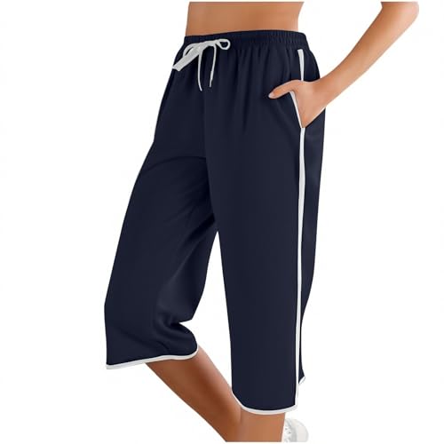 lozssnigzi Capri Hosen Damen, Leicht Dreiviertel Laufhose mit Kordelzug Und Taschen Jogginghose Weites Bein Caprihose 7/8 Länge Freizeithose Sommer Stretch Sporthose mit Gummizug, Marineblau, XL von lozssnigzi