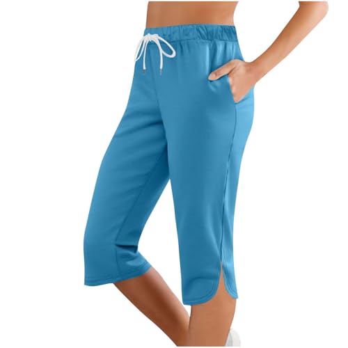 lozssnigzi Capri Hosen Damen, Sommer Caprihose Stretch 3/4 Yogahose Weites Bein Dreiviertel Freizeithose mit Kordelzug und Taschen Trainingshose Baumwolle Laufhose mit Gummizug Sporthose Jogginghose von lozssnigzi
