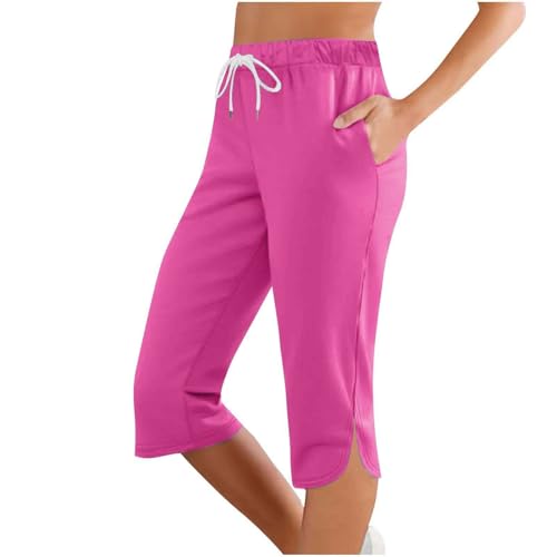 lozssnigzi Capri Hosen Damen, Sommer Caprihose Stretch 3/4 Yogahose Weites Bein Dreiviertel Freizeithose mit Kordelzug und Taschen Trainingshose Baumwolle Laufhose mit Gummizug Sporthose Jogginghose von lozssnigzi
