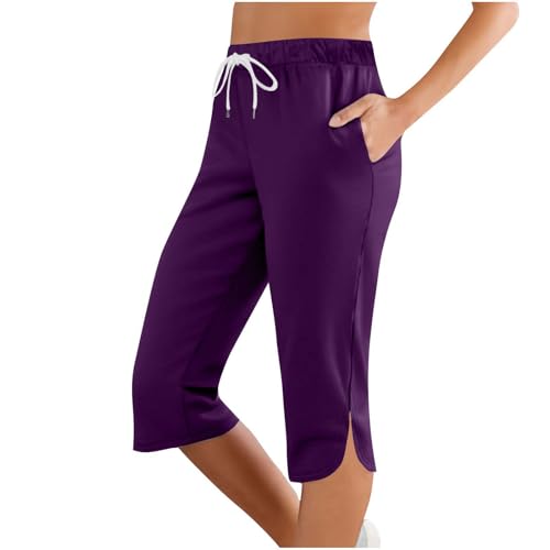 lozssnigzi Caprihose Damen, Sommer Caprihose Stretch 3/4 Yogahose Weites Bein Dreiviertel Freizeithose mit Kordelzug und Taschen Trainingshose Baumwolle Laufhose mit Gummizug Sporthose Jogginghose von lozssnigzi