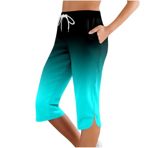 lozssnigzi Caprihose Damen, Sommer Caprihose Stretch 3/4 Yogahose Weites Bein Dreiviertel Freizeithose mit Kordelzug und Taschen Trainingshose Baumwolle Laufhose mit Gummizug Sporthose Jogginghose von lozssnigzi
