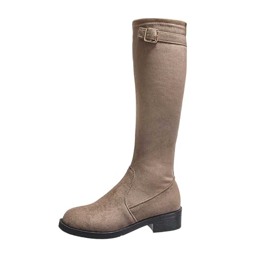 lozssnigzi Cowboystiefel Damen Wildleder Kniehohe Stiefel Mit Spitze Zehenpartie Blockabsatz und Schnallen Westernstiefel Retro Knee High Damenstiefel Elegant Bequem hoch Boots von lozssnigzi