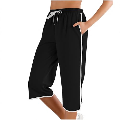 lozssnigzi Dreiviertel Hose Damen, Leicht Dreiviertel Laufhose mit Kordelzug Und Taschen Jogginghose Weites Bein Caprihose 7/8 Länge Freizeithose Sommer Stretch Sporthose mit Gummizug, Schwarz, XXL von lozssnigzi