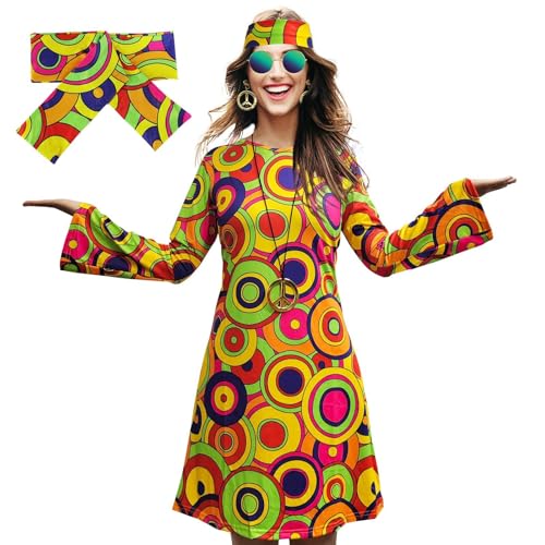 lozssnigzi Hippie Kostüm Damen Hippie Outfit 60er 70er Kleidung Mode Karneval Kleid Flower Power Kostüm Hippie Faschingskostüme 70er Jahre Bekleidung Abba Karnevalskostüm von lozssnigzi