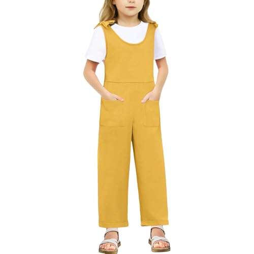lozssnigzi Jumpsuit Kinder Mädchen, Ärmellos V Ausschnitt Einteiler Overalls Baumwolle Locker Jumpsuits Mit Tasche Lang Romper Hosen Sommer Einfarbig Hosenanzug Spaghetti Jumpsuit, Gelb, 160 von lozssnigzi