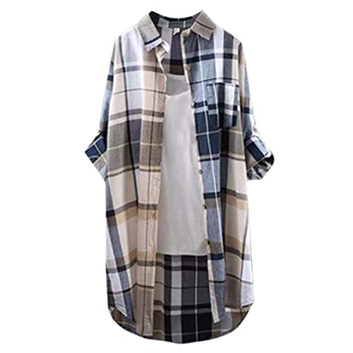 lozssnigzi Kariertes Hemd Damen Oversize -Long Bluse Damen Lang Sommer Hemdbluse Langarm Strandbluse Lässig Longshirt Elegant Langarmshirt Leicht Und Luftig Karierte Bluse Große Größen Leinenbluse von lozssnigzi