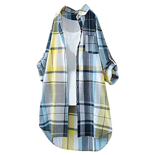 lozssnigzi Karohemd Damen Lang -Oversize Bluse Damen Langarm Langarmshirt Elegant Longbluse Lässig Hemdbluse Sommer Strandbluse Leicht Und Luftig Longshirt Für Leggings Sommerblusen von lozssnigzi