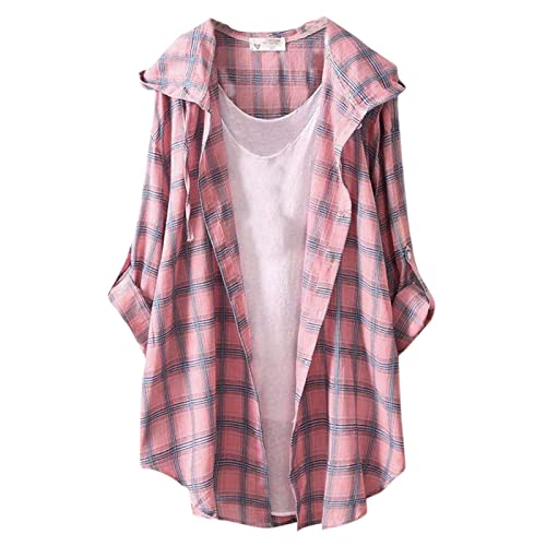 lozssnigzi Karohemd Damen Rot Weiß -Oversize Bluse Damen Leicht Und Luftig Longshirt Sommer Strandbluse Elegant Hemdbluse Lässig Karohemd Langarm Longbluse Bunte Leinenhemd von lozssnigzi