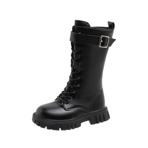 lozssnigzi Kinder Stiefel, Halbhoch Plateau Schnürboots mit Seitlichem Reißverschluss Herbst Winter Bequeme Weiche Sohle Winterstiefel Kinder Kniehohe Reitstiefel Schneestiefel, Schwarz, 27 von lozssnigzi