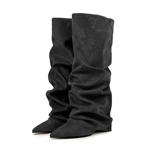 lozssnigzi Kniehohe Stiefel Damen Fold over Shark Boots Mit Spitze Zehenpartie & absatz Leder Weitschaftstiefel Hoch Damenstiefel Elegant Knee High Stiefeletten von lozssnigzi