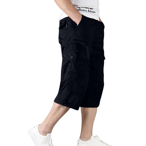 lozssnigzi Leinenhose Herren Kurz, Sport Freizeit 3/4 Hose Baggy Schnelltrocknend Wanderhose 7/8 Atmungsaktiv Caprihosen Dreiviertel Mit Taschen Arbeitshosen Sommerhose Leicht Shorts von lozssnigzi