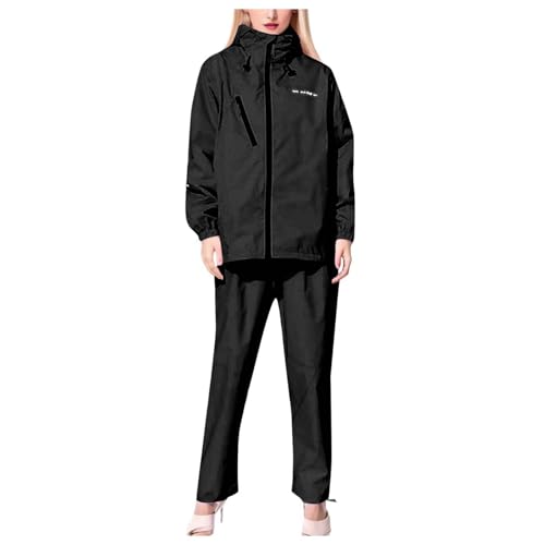 lozssnigzi Regenanzug Damen, Leichte Atmungsaktiv Wasserdicht Regenanzug Mit Kapuze Regenkleidung 2 Teilig Dünne Regenkombi Regenjacke Regenhose für Fahrrad Motorrad Wandern, Schwarz, L von lozssnigzi