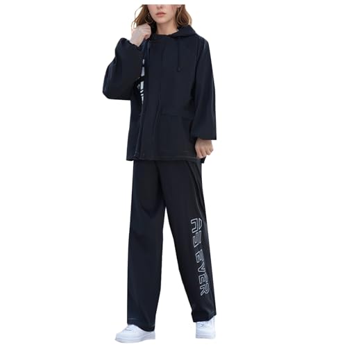 lozssnigzi Regenkleidung Damen, Leichte Atmungsaktiv Wasserdicht Regenanzug Mit Kapuze Regenkleidung 2 Teilig Dünne Regenkombi Regenjacke Regenhose für Fahrrad Motorrad Wandern, Schwarz, 3XL von lozssnigzi