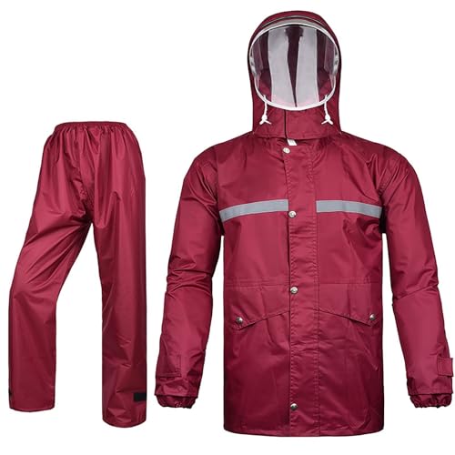 lozssnigzi Regenkleidung Damen, Wasserdicht Regenbekleidung 2 Teilig Reflektierend Regenanzug Regenjacke Regenhose Outdoor Multifunktional Regenkombi Für Wandern Fahrrad Motorrad Angeln, Weinrot, XXL von lozssnigzi