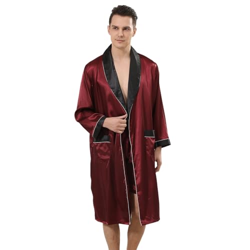 lozssnigzi Sauna Bademantel Herren Rot Satin Schnelltrocknend Lang Kimono Robe Nachtwäsche mit 2 Taschen Dünner Weich Elegant Saunamantel Bademantel Leicht Hautfreundlich Morgenmantel Reisebademantel von lozssnigzi