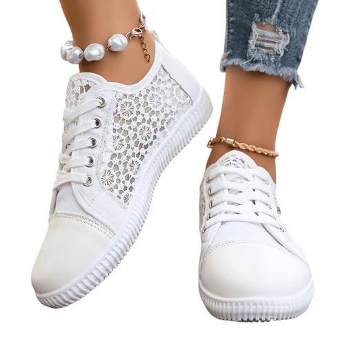 lozssnigzi Sneaker Damen Weiss, Dirndl Schuhe Damen, Weiss Sommerschuhe Turnschuhe Flach Trachtenschuhe Festival Hochzeitsschuhe Spitze Stoffschuhe Leichte Sneaker, 36-42, Weiß, 39 von lozssnigzi