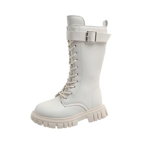 lozssnigzi Stiefeletten Mädchen, Halbhoch Plateau Schnürboots mit Seitlichem Reißverschluss Herbst Winter Bequeme Weiche Sohle Winterstiefel Kinder Kniehohe Reitstiefel Schneestiefel, Weiß, 36 von lozssnigzi