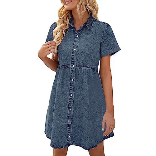 lozssnigzi Tunikakleid Damen, Kurzarm Blusenkleid Sommer Hemdkleid Freizeit Kurz Hemdblusenkleid Elegant Jeanskleid Luftige Shirtkleid von lozssnigzi