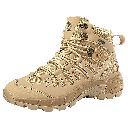 lozssnigzi Wanderschuhe Herren Wasserdicht, Wanderstiefel Herren Wasserdicht Wanderschuhe Leichte Outdoor Boots Halbhoch Leder Kampfstiefel Atmungsaktiv Trekkingschuhe Hiking Outdoorschuhe, Beige, 44 von lozssnigzi