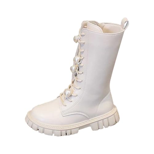 lozssnigzi Winterstiefel Mädchen, Halbhoch Plateau Schnürboots mit Seitlichem Reißverschluss Herbst Winter Bequeme Weiche Sohle Winterstiefel Kinder Kniehohe Reitstiefel Schneestiefel, Weiß, 32 von lozssnigzi