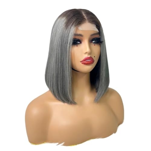 10 Zoll Bob Perücke Echthaar 2x6 Lace Front Perücken Echthaar 250 Dichte for schwarze Frauen Haar Extensions(Brown+Gray) von lskdnrufh