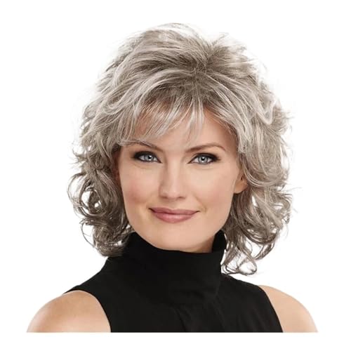 12 Zoll Damen Kunsthaarperücken, kurz, lockig, mit Pony, schulterlange Perücke Haar Extensions(Mixed grey) von lskdnrufh