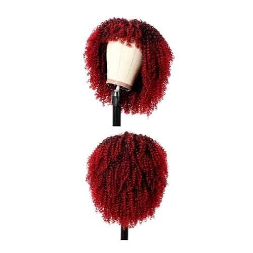 12 Zoll kurze lockige Afro-Perücke mit Pony for schwarze Frauen, verworrene lockige Haarperücke, Afro-Synthetik-Vollperücken Haar Extensions(Red) von lskdnrufh