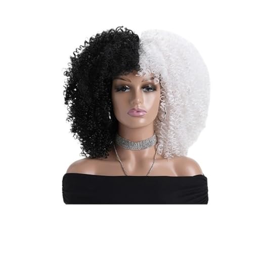 16 Zoll Afro Kinky Curly Perücken for schwarze Frauen Natürlich aussehende kurze Perücke mit Pony Keine Lace Front Synthetisches Haar for den täglichen Gebrauch Haar Extensions(Black And White) von lskdnrufh
