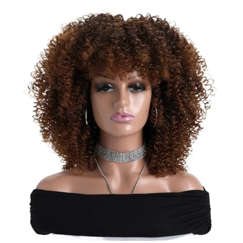 16 Zoll Afro Kinky Curly Perücken for schwarze Frauen Natürlich aussehende kurze Perücke mit Pony Keine Lace Front Synthetisches Haar for den täglichen Gebrauch Haar Extensions(Brown) von lskdnrufh