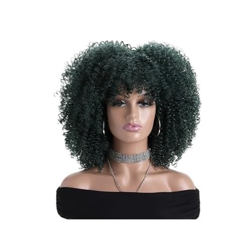 16 Zoll Afro Kinky Curly Perücken for schwarze Frauen Natürlich aussehende kurze Perücke mit Pony Keine Lace Front Synthetisches Haar for den täglichen Gebrauch Haar Extensions(Dark Green) von lskdnrufh