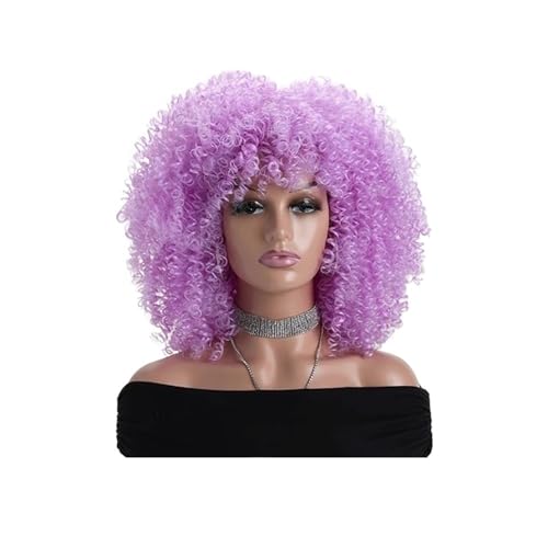 16 Zoll Afro Kinky Curly Perücken for schwarze Frauen Natürlich aussehende kurze Perücke mit Pony Keine Lace Front Synthetisches Haar for den täglichen Gebrauch Haar Extensions(Purple Pink) von lskdnrufh