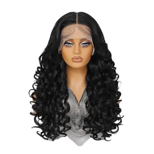 24 Zoll synthetische Lace-Front-Perücke, 13 x 6 lockige, vorgezupfte HD-Spitzenperücken ohne Klebstoff for Frauen, natürlicher täglicher Gebrauch Haar Extensions(Jet black) von lskdnrufh