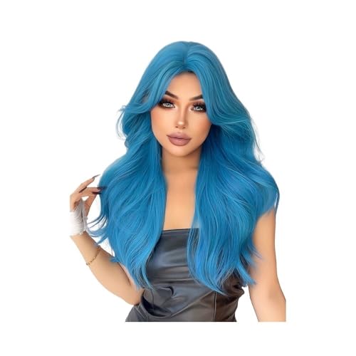 28 Zoll Meerblaue Farbe Synthetische Perücken Mittelteil Lange natürliche gewellte Haarperücke for Frauen Cosplay Drag Party Haar Extensions von lskdnrufh