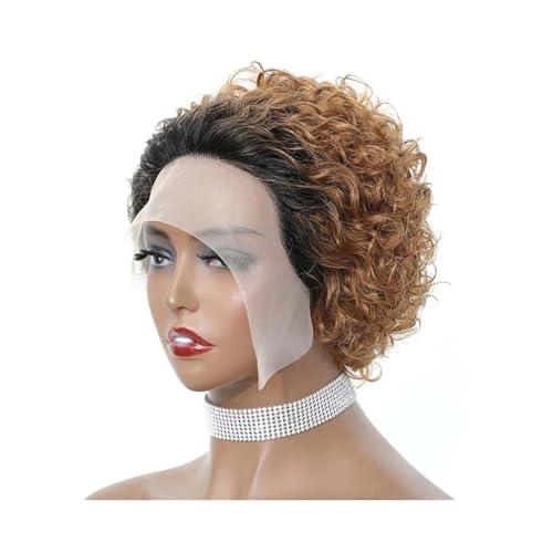 6 Zoll kurze lockige Echthaarperücken, Pixie-Schnitt, Bob, klebefreie Perücken vorne for Frauen, 13 x 1 Zoll Spitze, 180% Dichte Haar Extensions(Brown) von lskdnrufh