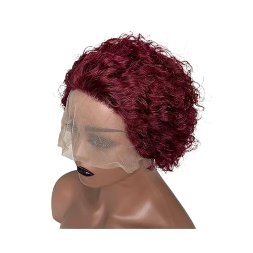 6 Zoll kurze lockige Echthaarperücken, Pixie-Schnitt, Bob, klebefreie Perücken vorne for Frauen, 13 x 1 Zoll Spitze, 180% Dichte Haar Extensions(Wine red) von lskdnrufh