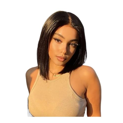 Bob-Perücke aus Echthaar, 13 x 4 Zoll, HD-Spitzenfrontperücken, kurz, glatt, for schwarze Frauen, klebefreie Perücken, vorgezupft mit Babyhaar Haar Extensions(Black-180Density,8inch) von lskdnrufh