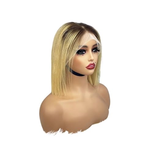 Brasilianische glatte Bob-Perücke aus Echthaar, 25,4 cm, 33 x 10 cm, HD-Spitzenfrontperücke, 250 Dichte, ohne Klebstoff, for schwarze Frauen Haar Extensions(Brown+blonde) von lskdnrufh