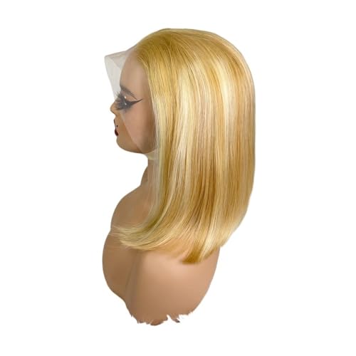 Dunkelblonde Highlight-Bob-Perücke, Echthaar, kurz, glatt, 13 x 4 Zoll, Lace-Front-Perücken for Frauen, 180 Dichte Haar Extensions(10inch) von lskdnrufh