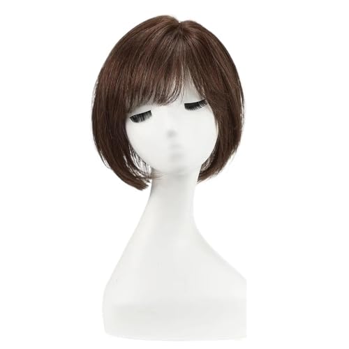 Echthaar-Teile for Damen, kurzes Bob-Haar mit Pony, 25,4 cm Seitenscheitel, Haarteile for Damen mit dünnem Haar, 16,5 cm × 16,5 cm Basis Haar Extensions(Brown) von lskdnrufh