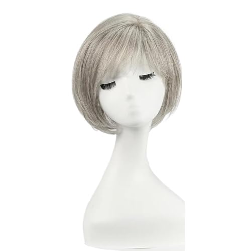 Echthaar-Teile for Damen, kurzes Bob-Haar mit Pony, 25,4 cm Seitenscheitel, Haarteile for Damen mit dünnem Haar, 16,5 cm × 16,5 cm Basis Haar Extensions(Gray) von lskdnrufh