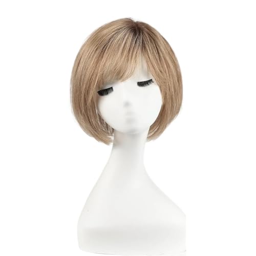 Echthaar-Teile for Damen, kurzes Bob-Haar mit Pony, 25,4 cm Seitenscheitel, Haarteile for Damen mit dünnem Haar, 16,5 cm × 16,5 cm Basis Haar Extensions(Ombre Light Brown) von lskdnrufh